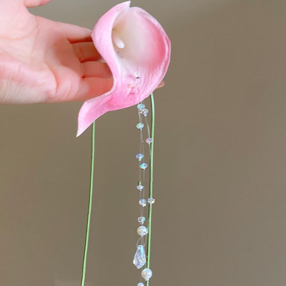 Flower Necklace Women Calla Lily Pearl Tassel Adjustable Ribbon Jewelry - Picture 6 of 6